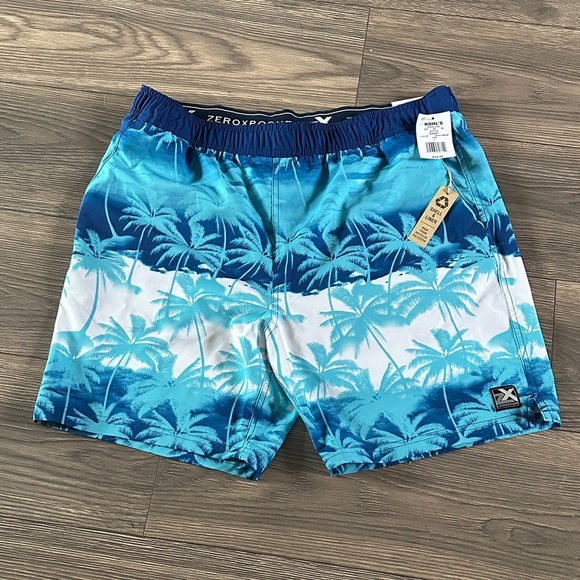 ZeroXposur Blue and White Palm Tree Swim Trunks - Picture 1 of 8